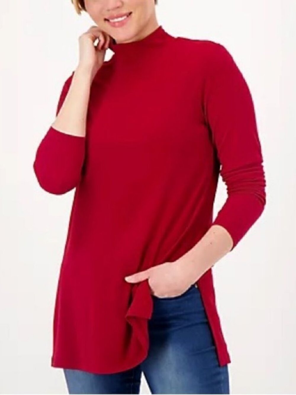 Susan Graver Every Day Petite Liquid Knit Mock-Neck Tunic